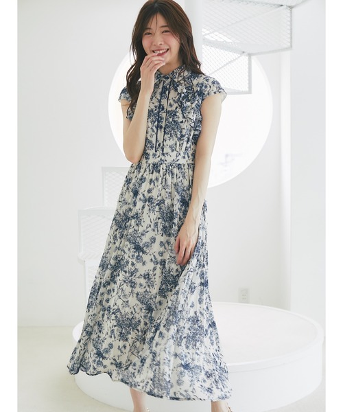 新品　tocco closet フラワープリントシャツプリーツワンピース 紺 tocco closet ワンピース フリル付きフラワープリントシャツ