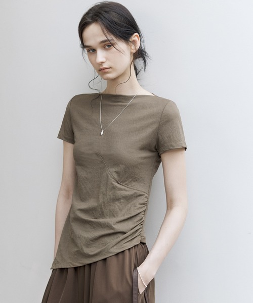 tシャツ 「tageechita」アシンメトリーボードネックスリムTシャツ レディース