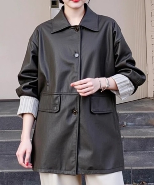 cammie コート アウター フェイクレザーロールアップスリーブロング