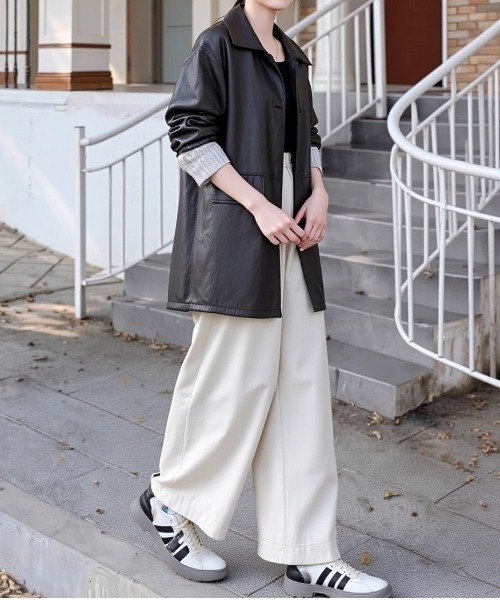 cammie コート アウター フェイクレザーロールアップスリーブロング