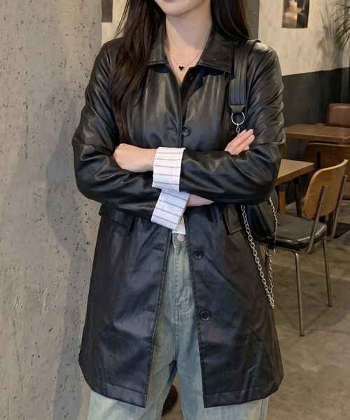 cammie コート アウター フェイクレザーロールアップスリーブロング