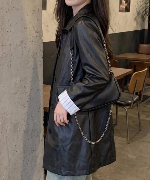 cammie コート アウター フェイクレザーロールアップスリーブロング
