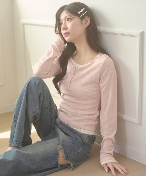 Ambre Neige（アンブルネージュ） tシャツ henley neck lace fake