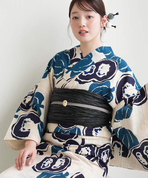 浴衣 手染め注染浴衣3点セット utatane×注染工房 先染めベージュ 南瓜 青紺 レディース