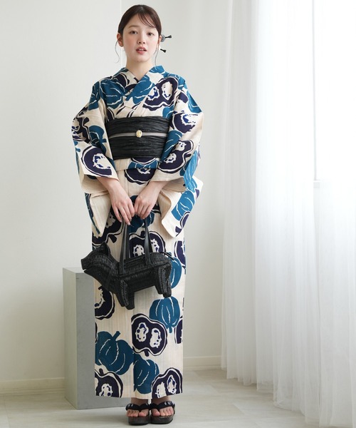 浴衣 手染め注染浴衣3点セット utatane×注染工房 先染めベージュ 南瓜 青紺 レディース_2