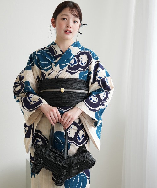 浴衣 手染め注染浴衣3点セット utatane×注染工房 先染めベージュ 南瓜 青紺 レディース_5