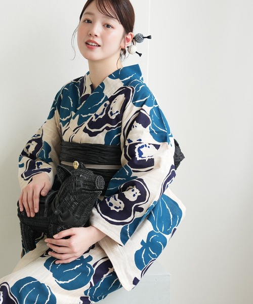 浴衣 手染め注染浴衣3点セット utatane×注染工房 先染めベージュ 南瓜 青紺 レディース_6
