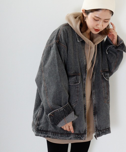 ワッフリッシュワッフル　デニムとボアのロングブルゾン　４ＸＬ デニムとボアのロングブルゾン ワッフリッシュワッフル