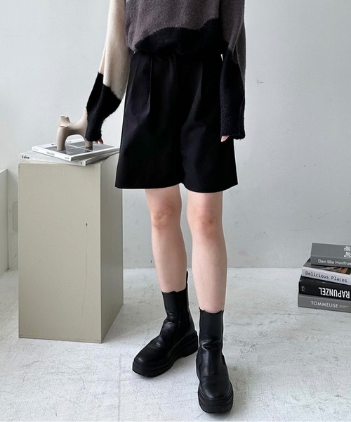LE MORE パンツ ハイウエストタックハーフパンツ レディース