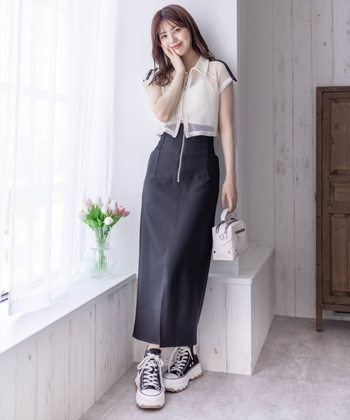 clear tシャツ ライン入りダブルジップ半袖メッシュカットソー