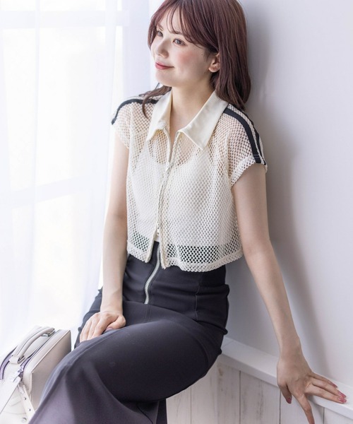 clear tシャツ ライン入りダブルジップ半袖メッシュカットソー
