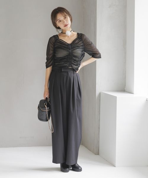 tシャツ シャーリング シアー トップス レディース HEILIS tシャツ 袖シャーリングシアートップス / ロンT