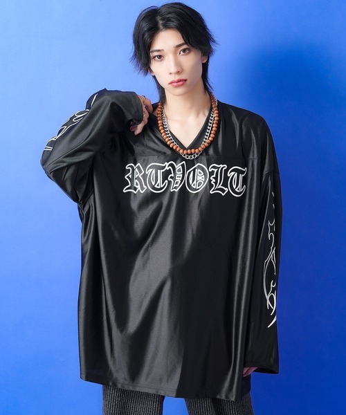 tシャツ a.p.o.v. フレイムパターンアームフットボールシャツ メンズ