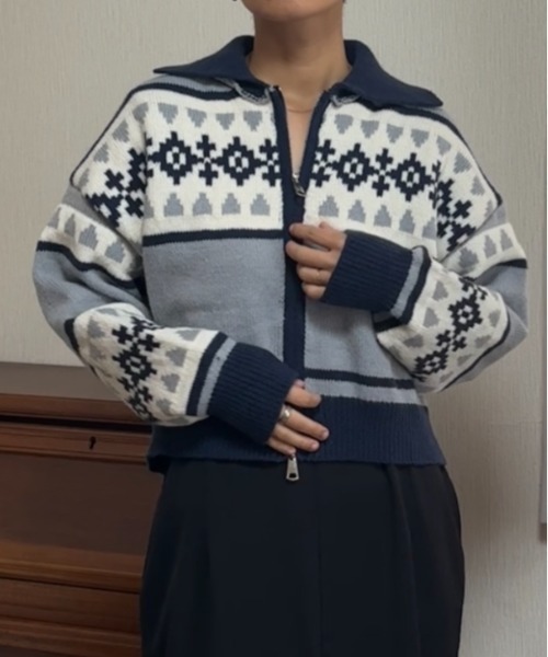 カーディガン ノルディック柄 フルジップカーディガン レディース