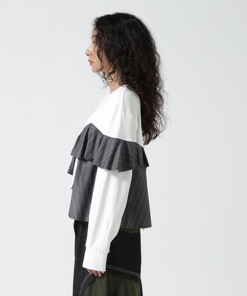 tシャツ AULA/アウラ/別注ストライプフリル切替トップス レディース AULA tシャツ AULA/アウラ/別注ストライプフリル切替トップス