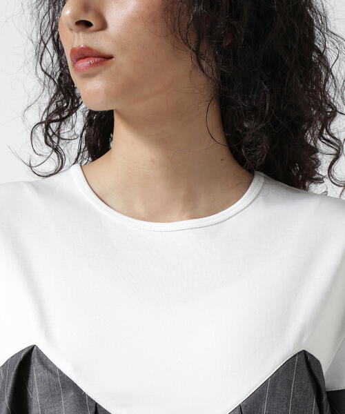 AULA tシャツ AULA/アウラ/別注ストライプフリル切替トップス