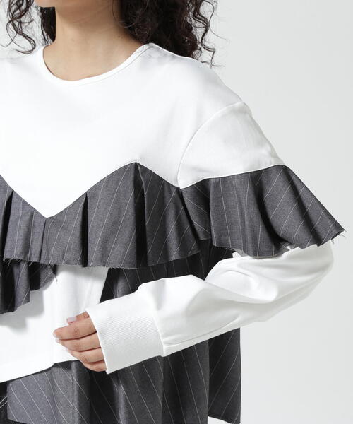 tシャツ AULA/アウラ/別注ストライプフリル切替トップス レディース AULA tシャツ AULA/アウラ/別注ストライプフリル切替トップス