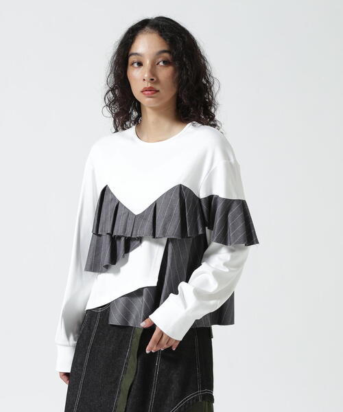 AULA tシャツ Tシャツ AULA/アウラ/別注ストライプフリル切替トップス 