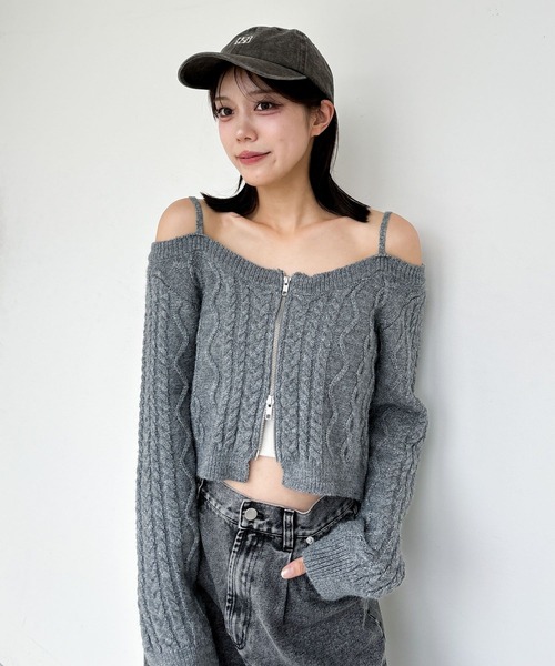 オフショル ニット Heather（ヘザー） ニット セーター ケーブルオフショルZIPニット