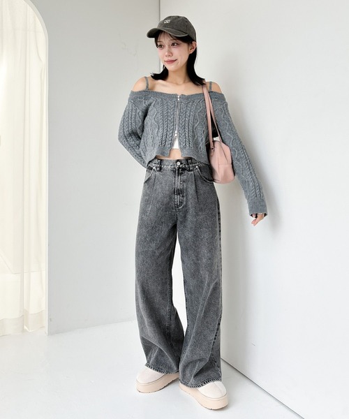 Heather（ヘザー） ニット セーター ケーブルオフショルZIPニット