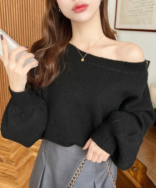 moment+ ニット セーター ショート丈ワンショルダーミックスニットプル