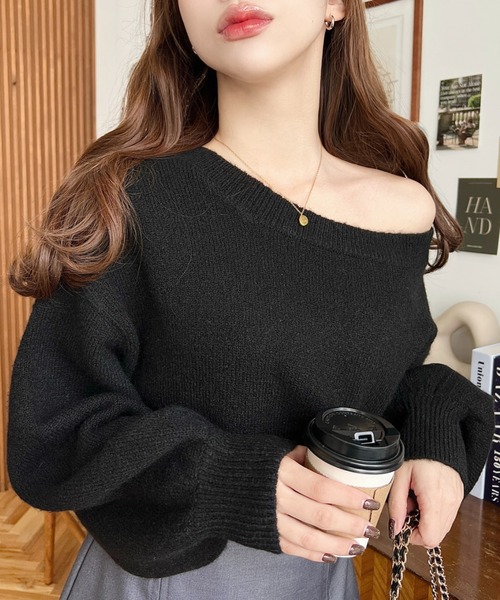 moment+ ニット セーター ショート丈ワンショルダーミックスニットプル