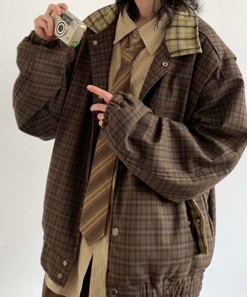 FreeZone ブルゾン アウター レトロ格子縞の切替ジャケット メンズ