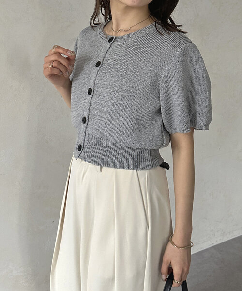Thevon カーディガン ショート丈パフニットカーディガン