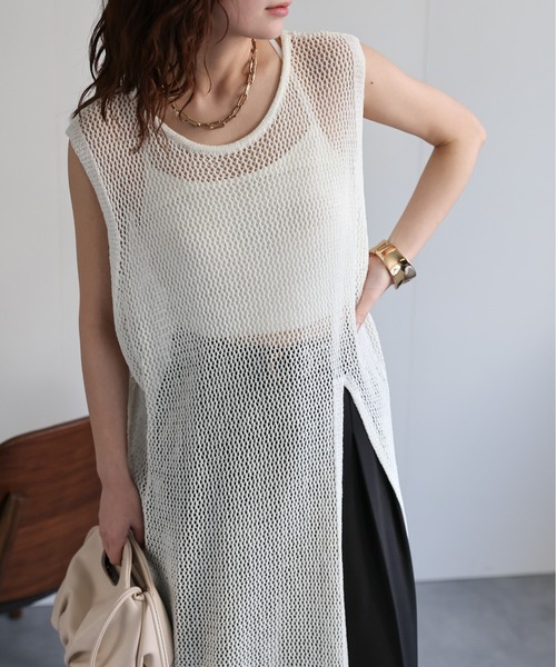 ap retro ワンピース メッシュニットスリットノースリワンピース