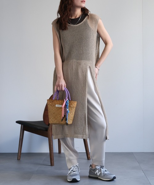 ap retro ワンピース メッシュニットスリットノースリワンピース