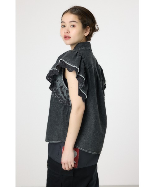 ブラウス シャツ 「ZOZO限定商品」レース×デニムバルーンスリーブシャツ レディース ブラウス シャツ オープンカラーレースシャツ レディース