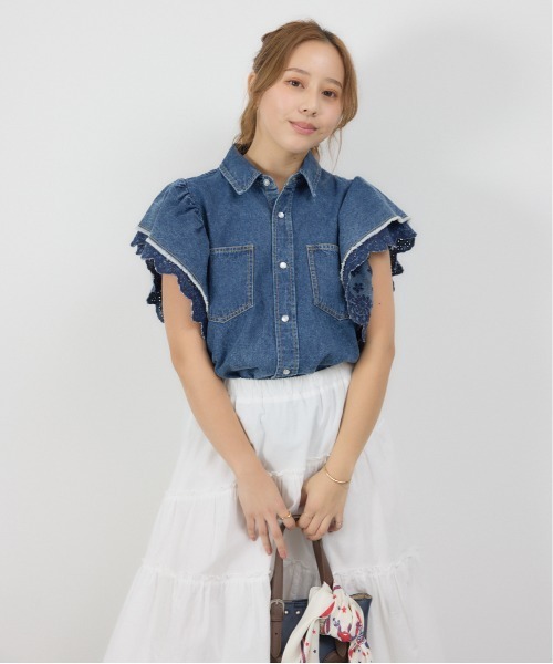 SISLEYシスレー デニムブラウス リヨセルフリルフロントシャツ・ブラウス RAGEBLUE シャツ ブラウス フリルデニムブラウス/260954