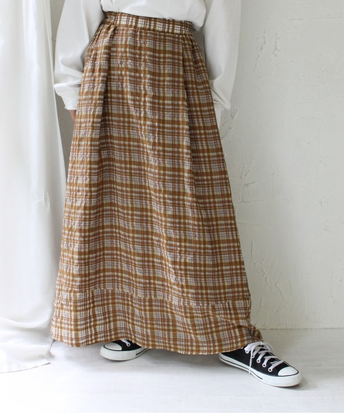 新品 CLASKA✨クラスカ リネン チェック イージースカート ロングスカート ヂェン先生の日常着｜厚地ロングスカート / カーキ - ファッション