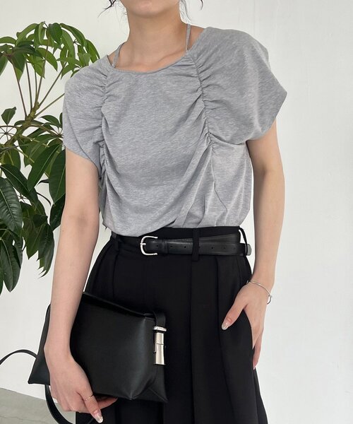 新品 CAPRICIEUX LE'MAGE ギャザーフレンチTシャツ ブラック CAPRICIEUX LE'MAGE tシャツ 「待望の再入荷！」ギャザー