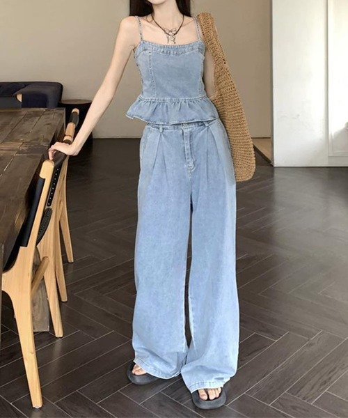 デニム キャミソール セットアップ ワイドパンツ フリル デニム フリル キャミ ワイドパンツ セットアップ◇ 全2色