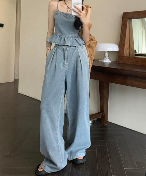 デニム キャミソール セットアップ ワイドパンツ フリル GLAMOROUS JANE セットアップ フリルキャミ+ハイウエストデニム