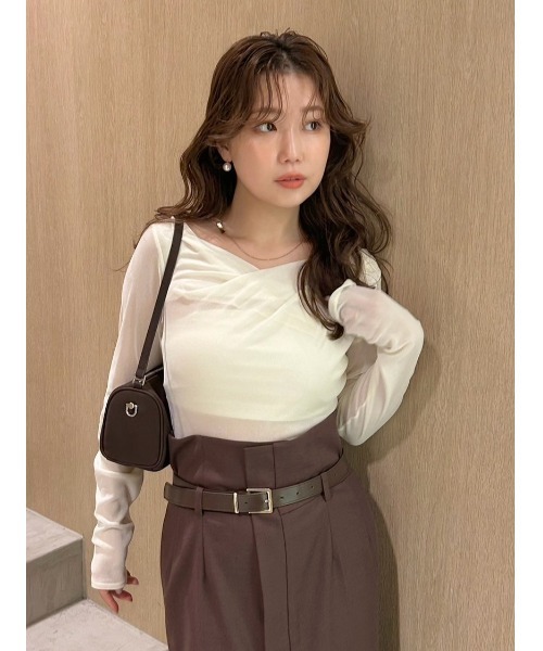 tシャツ デコルテタックフロッキーチュールトップス レディース