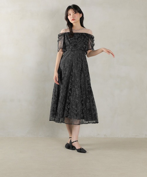 Kana ドレス ラメ刺繍 花柄 フレア Aライン ワンピース ドレス