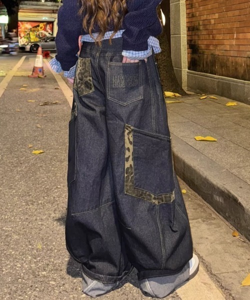 ワイドパンツ ジーンズ デニム デニムパンツ レオパードデザイン