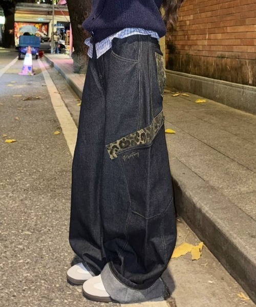 ワイドパンツ ジーンズ デニム デニムパンツ レオパードデザイン