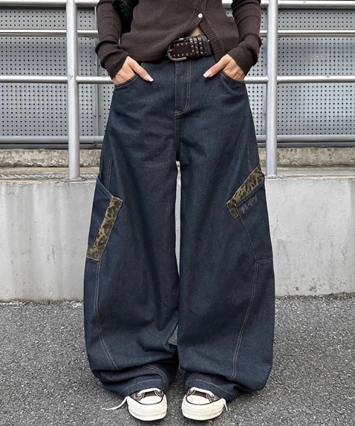 ジーンズ デニム デニムパンツ レオパードデザインポケットカーブ