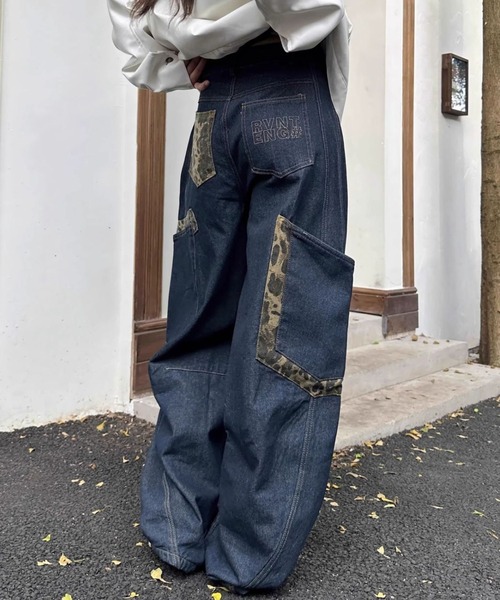 ワイドパンツ ジーンズ デニム デニムパンツ レオパードデザイン 