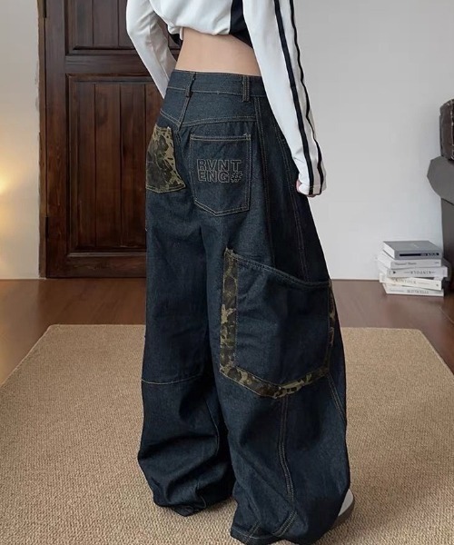 ワイドパンツ ジーンズ デニム デニムパンツ レオパードデザイン