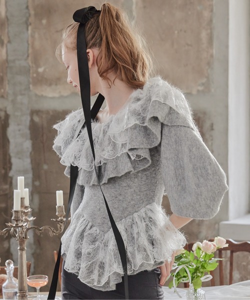etre loin（エトルワン） ニット セーター Shiny lace frill knit top 