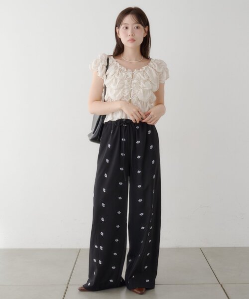 パンツ 「新色追加/2サイズ展開/低身長サイズ」フラワーステッチワイドパンツ レディース_9