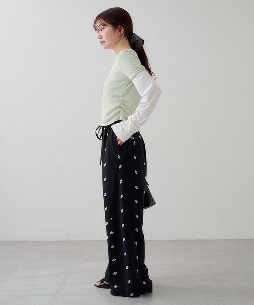 パンツ 「新色追加/2サイズ展開/低身長サイズ」フラワーステッチワイドパンツ レディース_16
