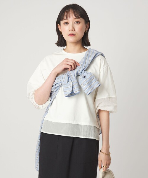 tシャツ タフタ ドッキング ボリュームスリーブ プルオーバー レディースの画像