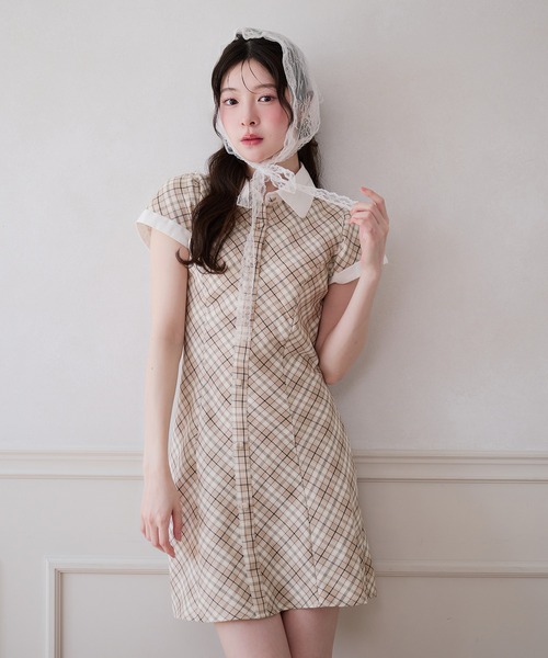 sheller チェック柄半袖ミニワンピース fupel ワンピース 夏 半袖 collar check mini onepiece / 襟付き