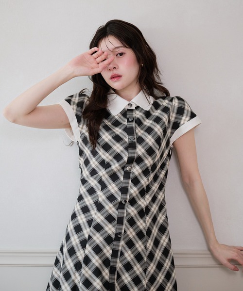 fupel ワンピース 夏 半袖 collar check mini onepiece / 襟付き