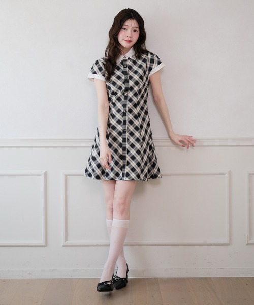 fupel ワンピース 夏 半袖 collar check mini onepiece / 襟付き